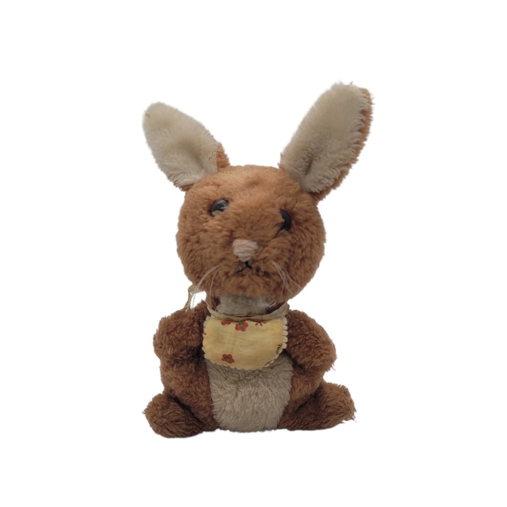 Vintage R Dakin Brown Plush Bunny Rabbit Yellow Floral Bib Stuffed Animal 8 inch
